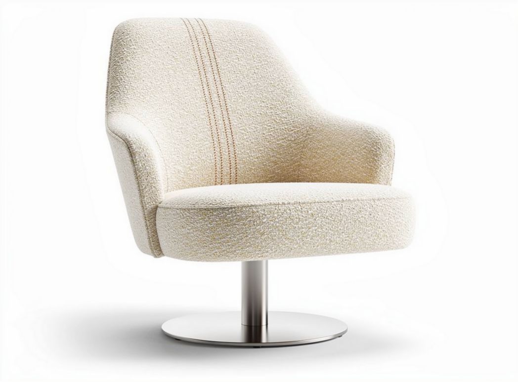 Contemporary swivel chair upholstered in soft cream fabric with metal base