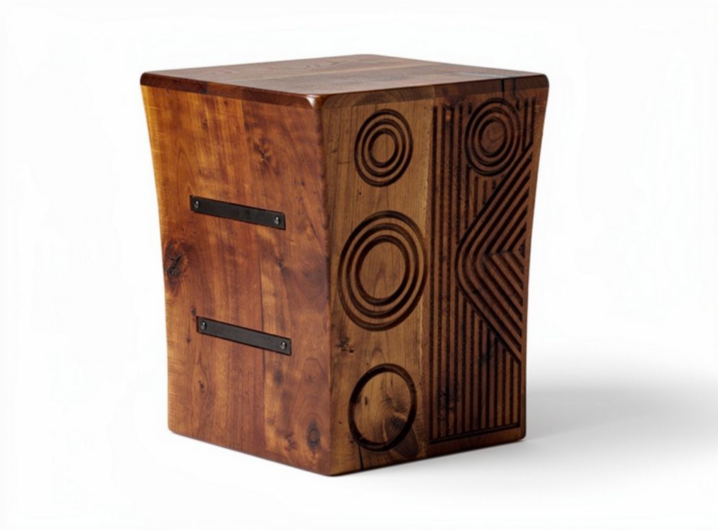Carved wooden stool with geometric patterns suitable for indoor use 40 x 40 x 45cm