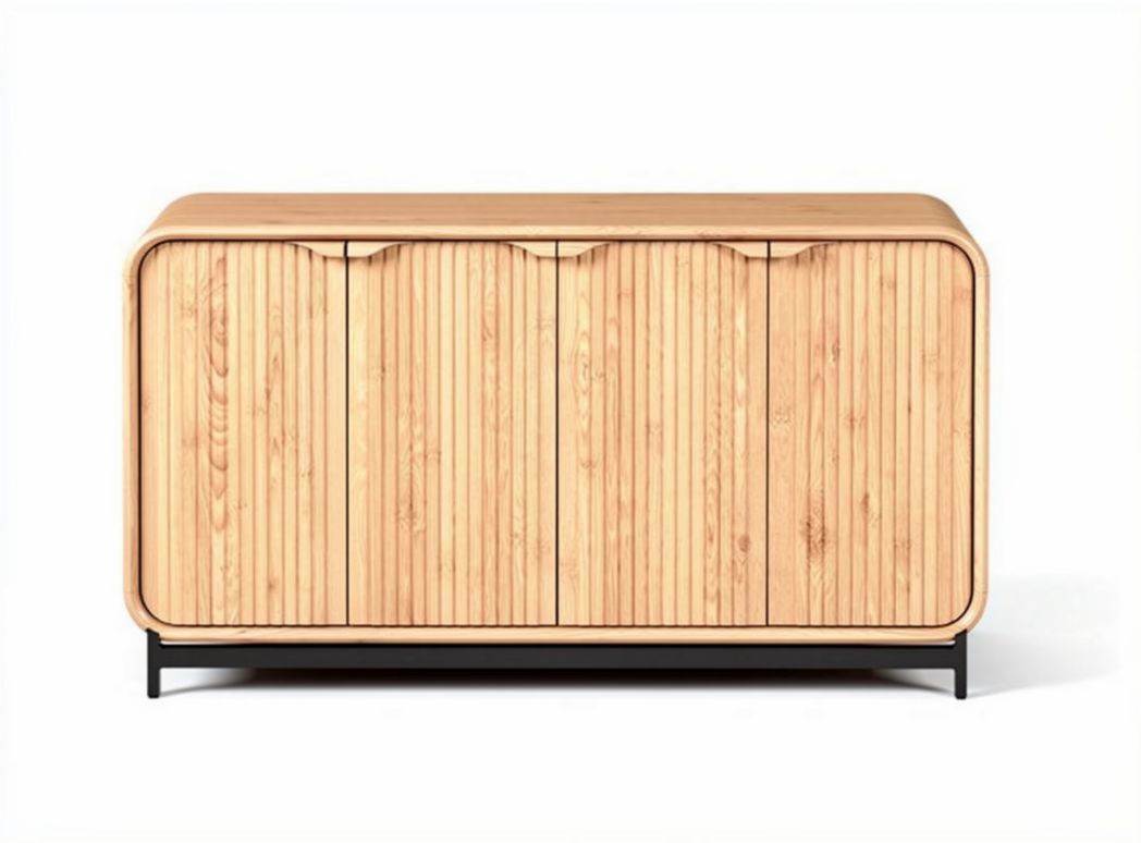 Wooden sideboard in natural finish with four doors and black metal legs 120 x 45 x 75cm