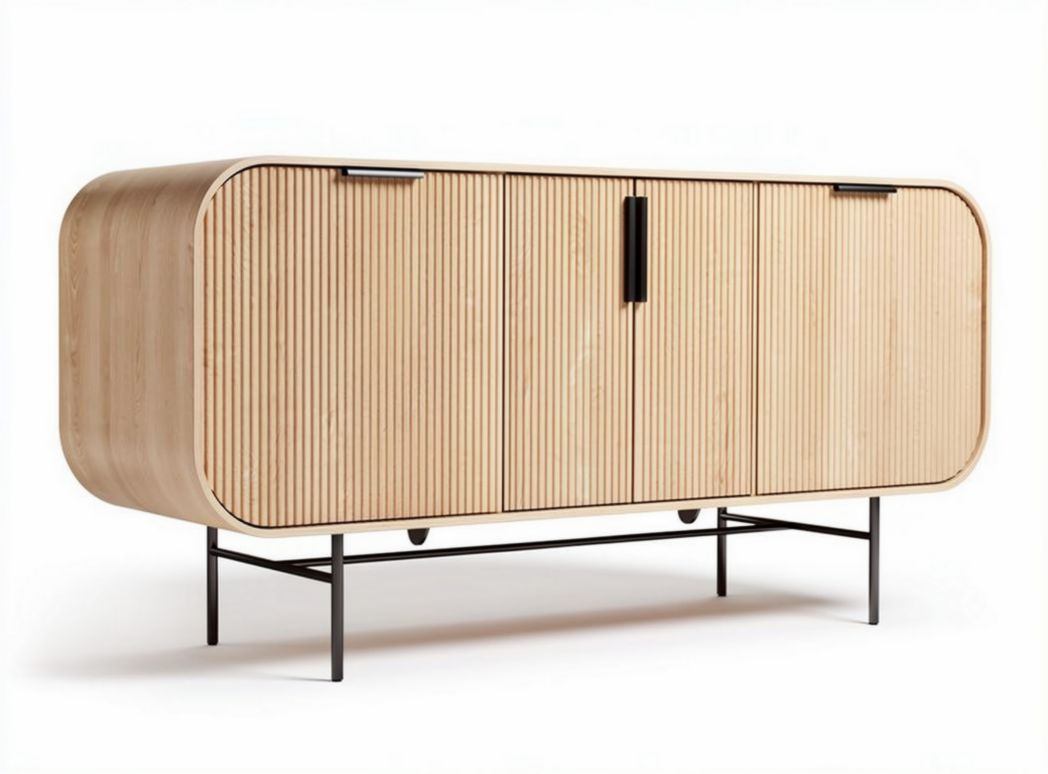 Wooden sideboard cabinet with four doors in natural oak finish 150 x 45 x 70cm