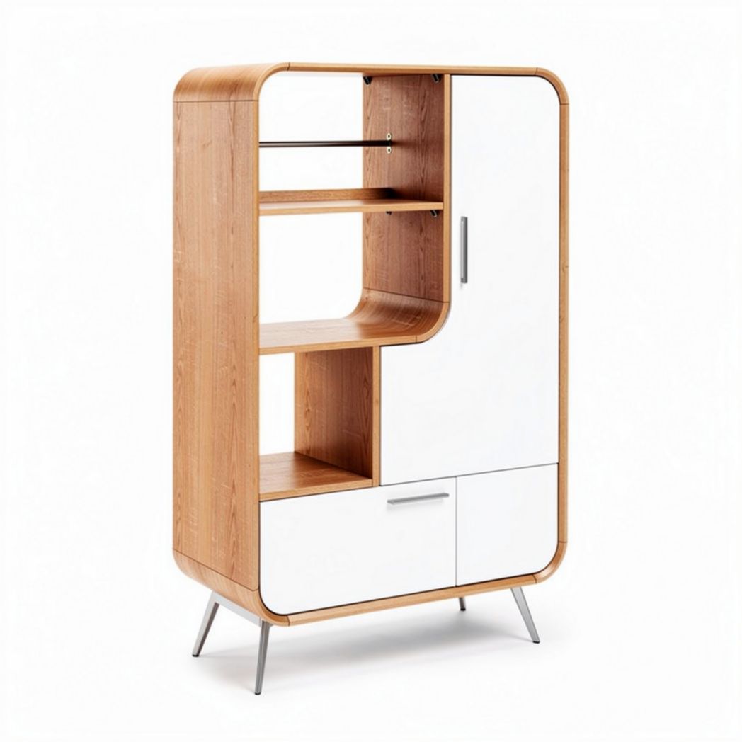 Bamboo and white wood storage cabinet with adjustable shelves 80 x 40 x 150cm
