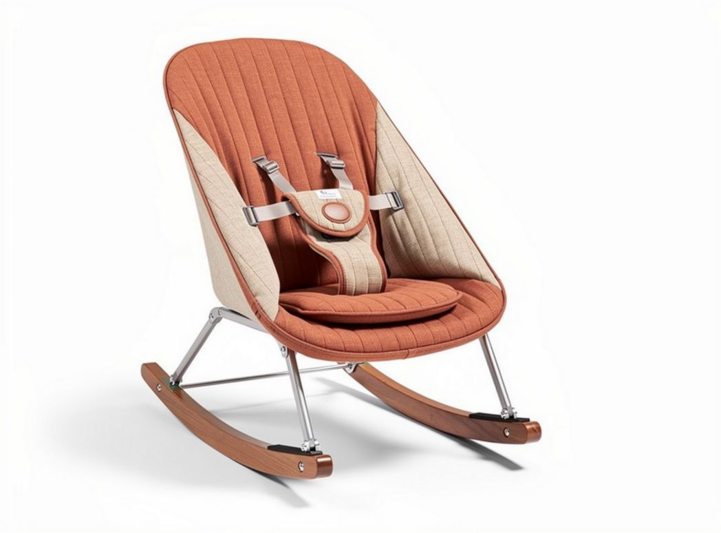 Baby rocking chair in rust color with padded quilted fabric and ergonomic design 60 x 40 x 80cm