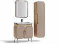 Freestanding bathroom furniture set with storage cabinet and mirror in black and beige wood