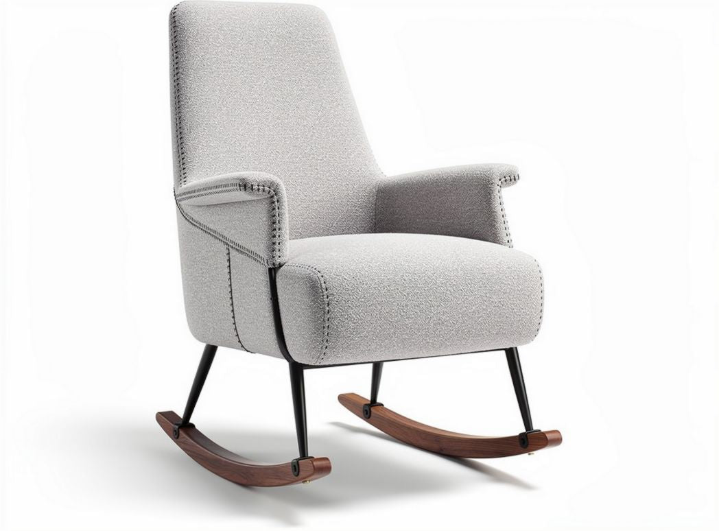 Rocking chair with grey upholstery and wooden rockers 90 x 80 x 100cm