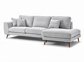 Gray fabric sectional sofa with wooden legs and two decorative pillows