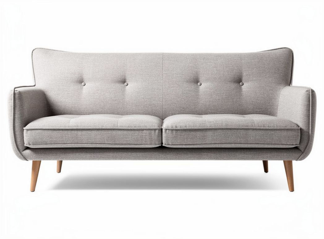 Mid-century modern sofa with gray fabric upholstery and wooden legs 180 x 85 x 80cm