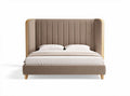 Upholstered king size bed frame with wooden headboard in beige color