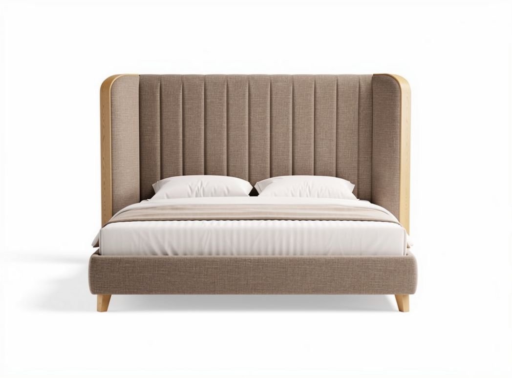 Upholstered king size bed frame with wooden headboard in beige color